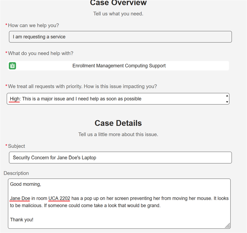 Example computer support ticket 3 (On Behalf of Someone Else-High Priority)